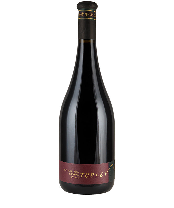 Bottle of Turley Juvenile Zinfandel 2023 red wine with dark glass and maroon label against white background