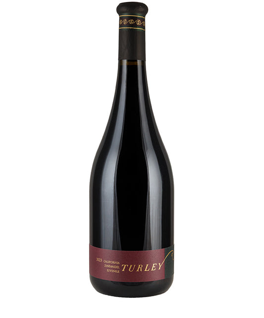 Bottle of Turley Juvenile Zinfandel 2023 red wine with dark glass and maroon label against white background