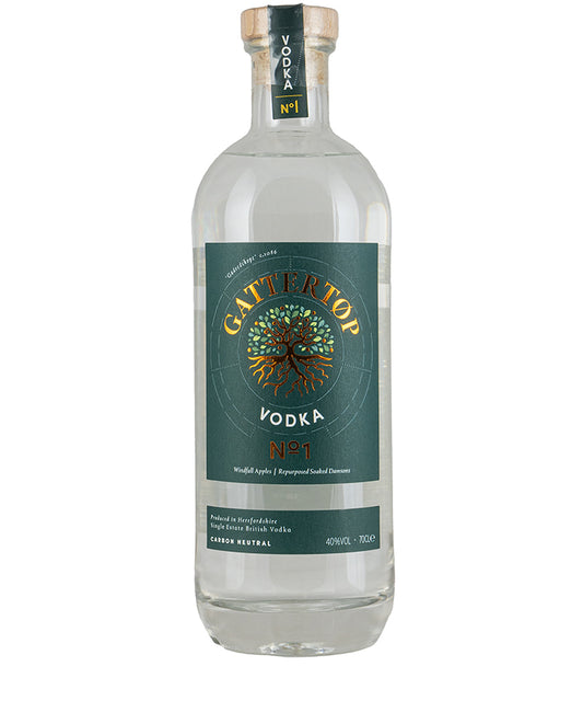 Bottle of Gattertop No.1 Vodka with green label featuring a tree logo and sustainable spirits branding