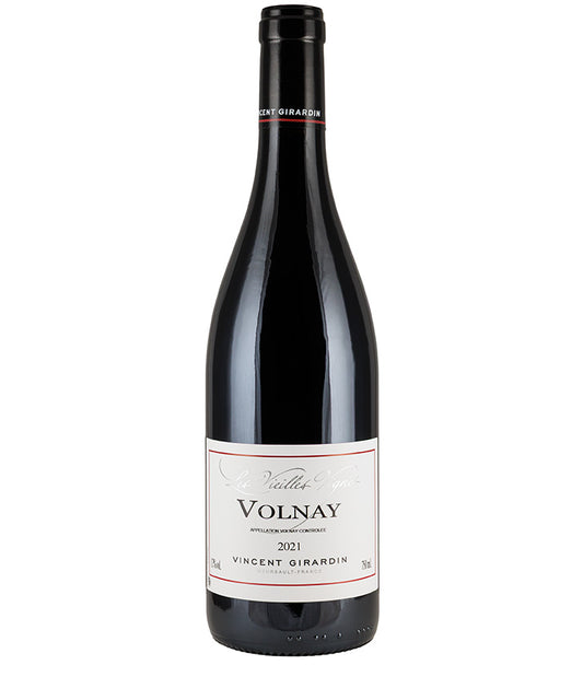 Bottle of Vincent Giradin Volnay Village 'Vielles Vignes' 2021 red wine with a white label and black capsule