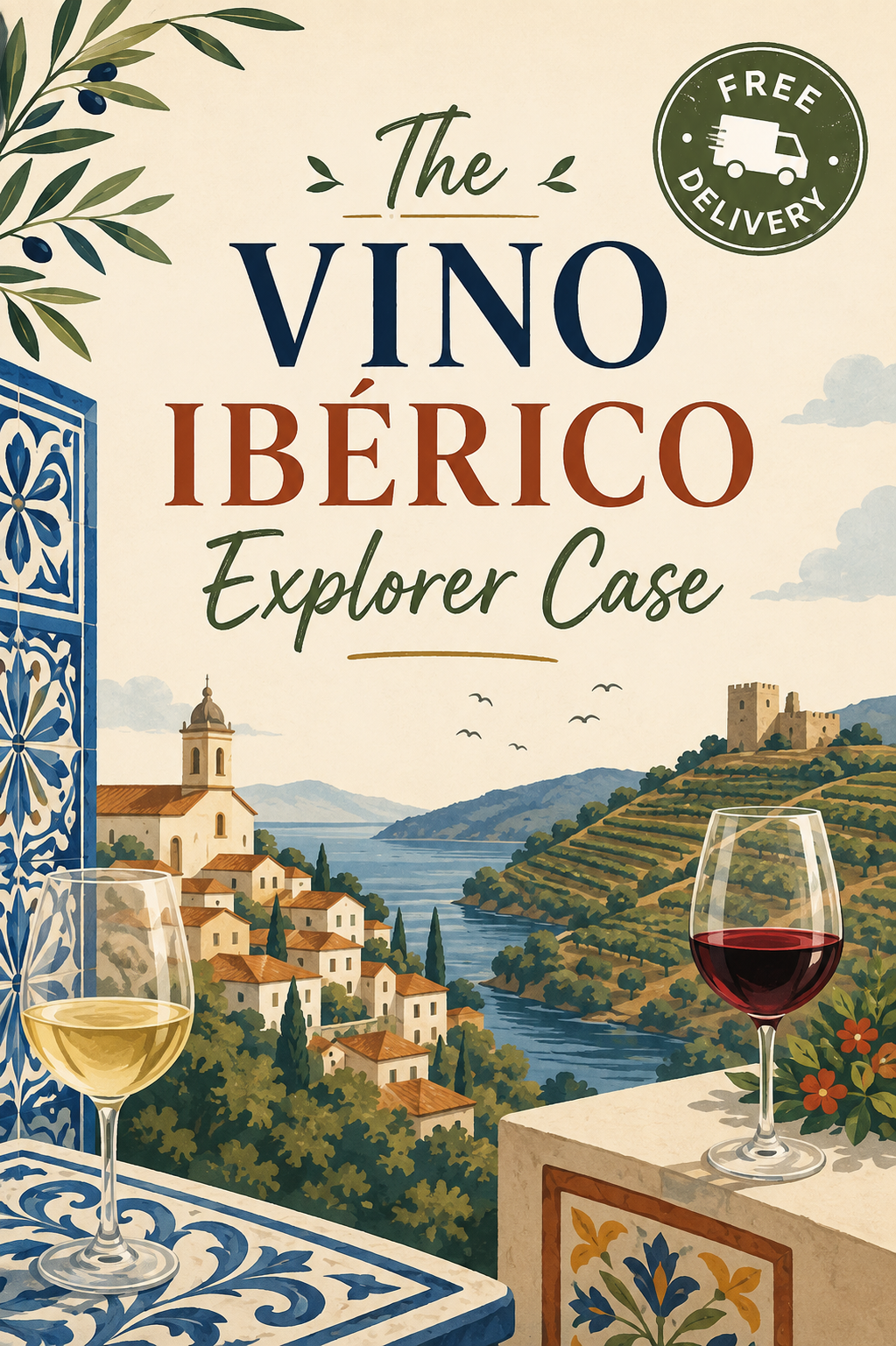 The Vino Ibérico Explorer Case label with scenic vineyard, village, and red and white wine glasses shown.
