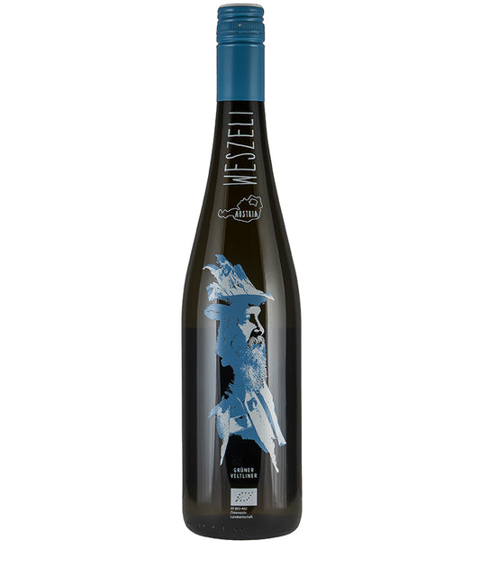 Weingut Weszeli Felix Gruner Veltliner 2023 bottle showing blue label with bearded figure and Austrian origin organic wine