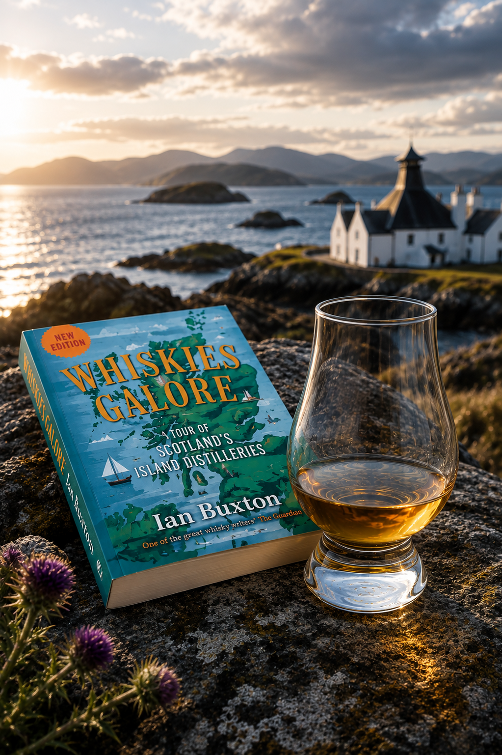 23.10.2026: "Whiskies Galore - Island Single Malts" Whisky Tasting with whisky glass and coastal landscape