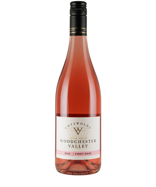 Bottle of Woodchester Valley Pinot Rose 2025, a rosé wine with clear regional provenance from Cotswolds.