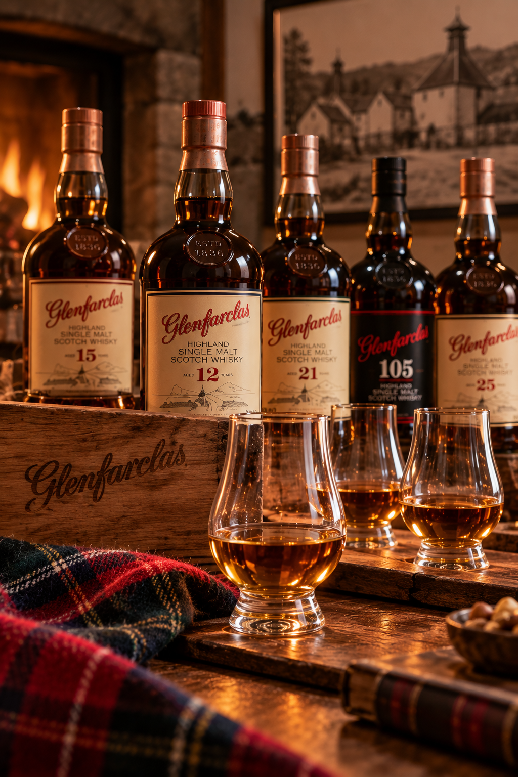 24.11.26: "An Evening with Glenfarclas" Whisky Tasting with Glenfarclas Scotch whisky bottles