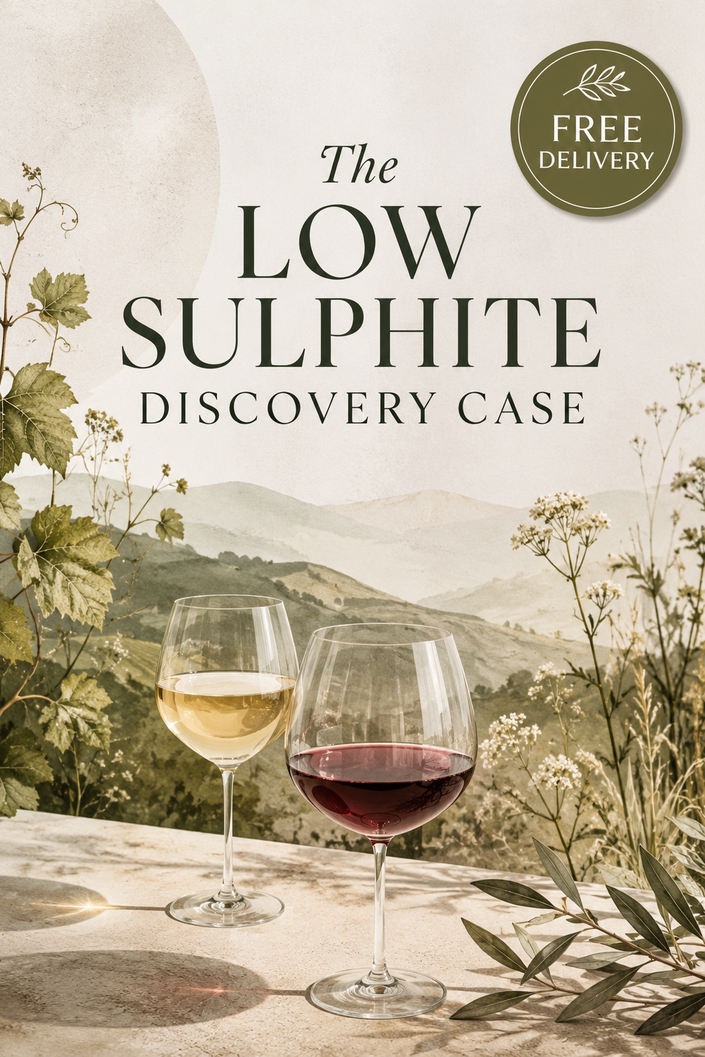 Two glasses of red and white wine with countryside backdrop and text The Low Sulphite Discovery Case