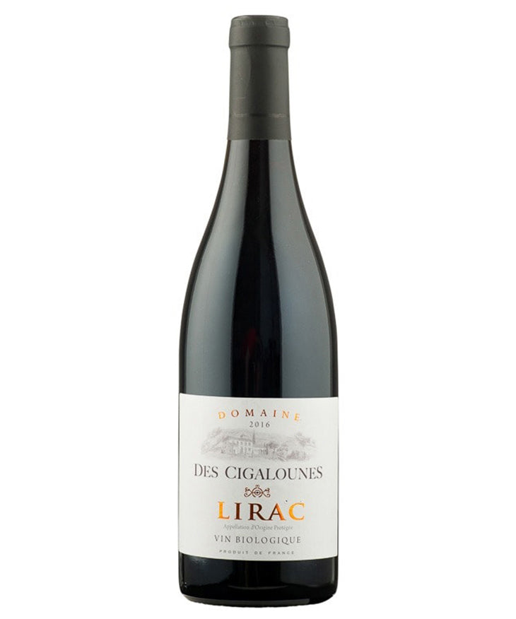 Bottle of Domaine des Cigalounes Lirac 2022 red French wine with white label and black cap