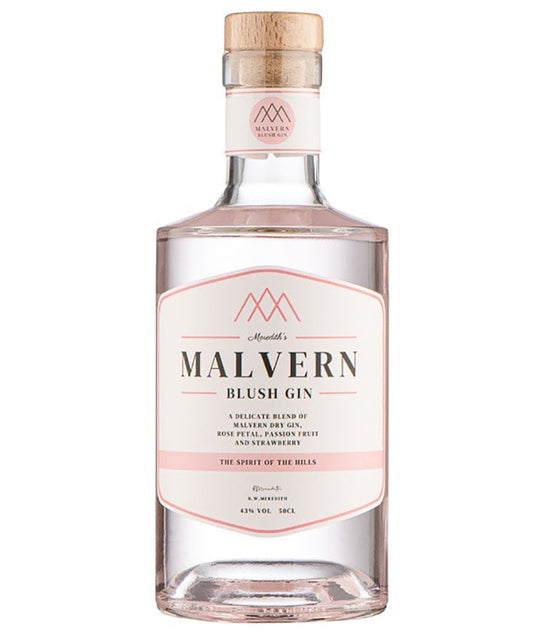 Malvern Gin Blush English spirit bottle image with floral and fruit notes label design