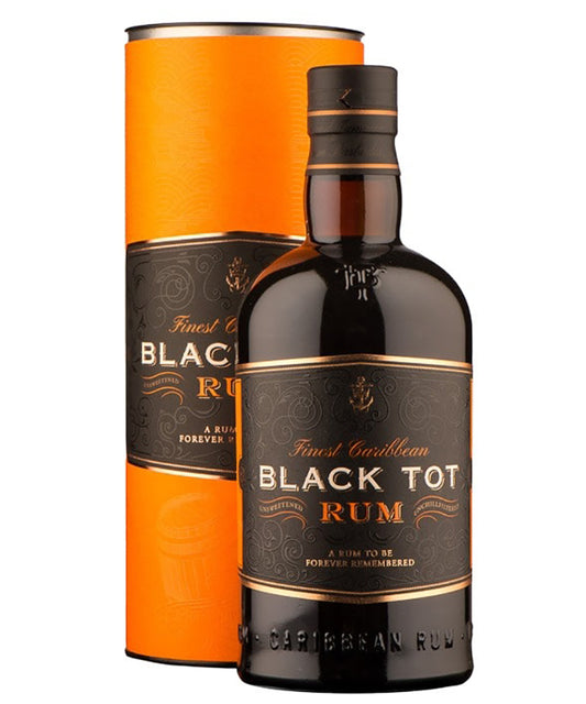 Black Tot Rum Caribbean rum bottle with orange and black label and packaging – spirit bottle image